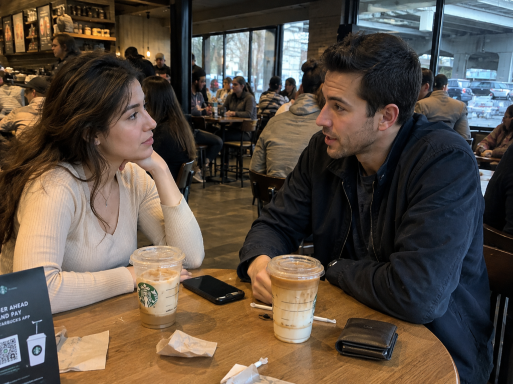 Young couple discussing relationship financial incompatibility at a coffee shop
