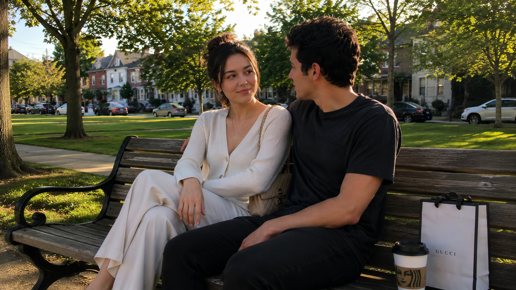 Young couple discussing relationship financial incompatibility in a suburban park