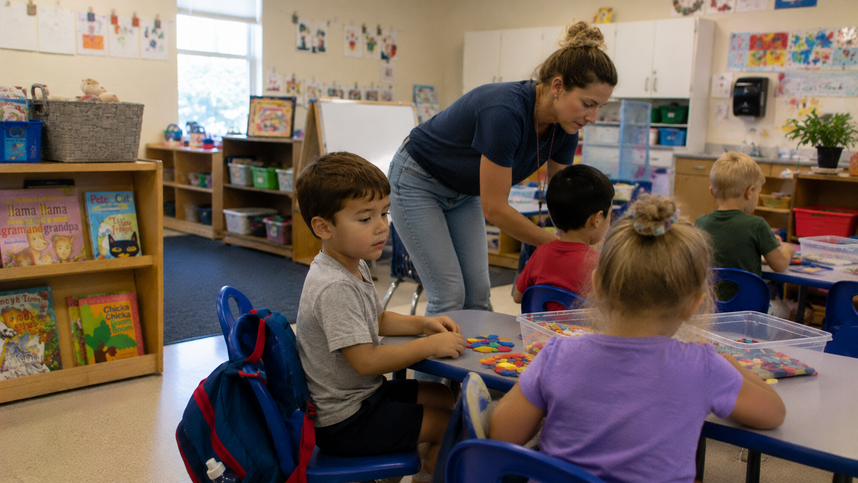 A shy boy sitting quietly in preschool, reflecting school refusal.