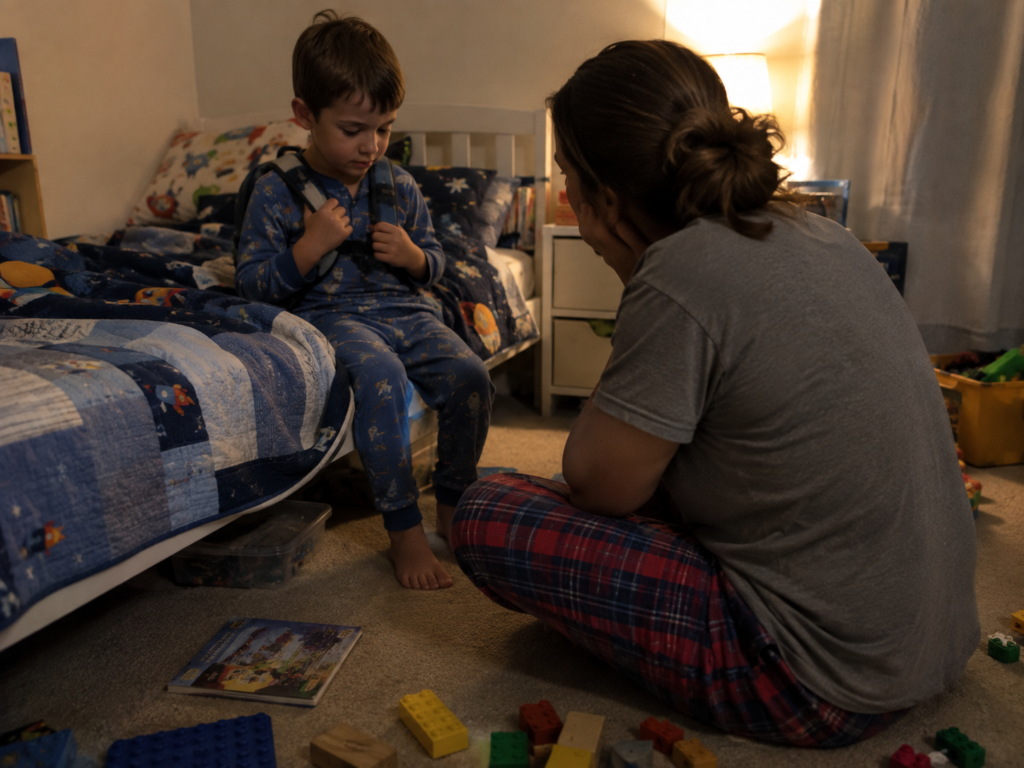 A mother listening to her son during a difficult bedtime before school, reflecting school refusal and child anxiety.