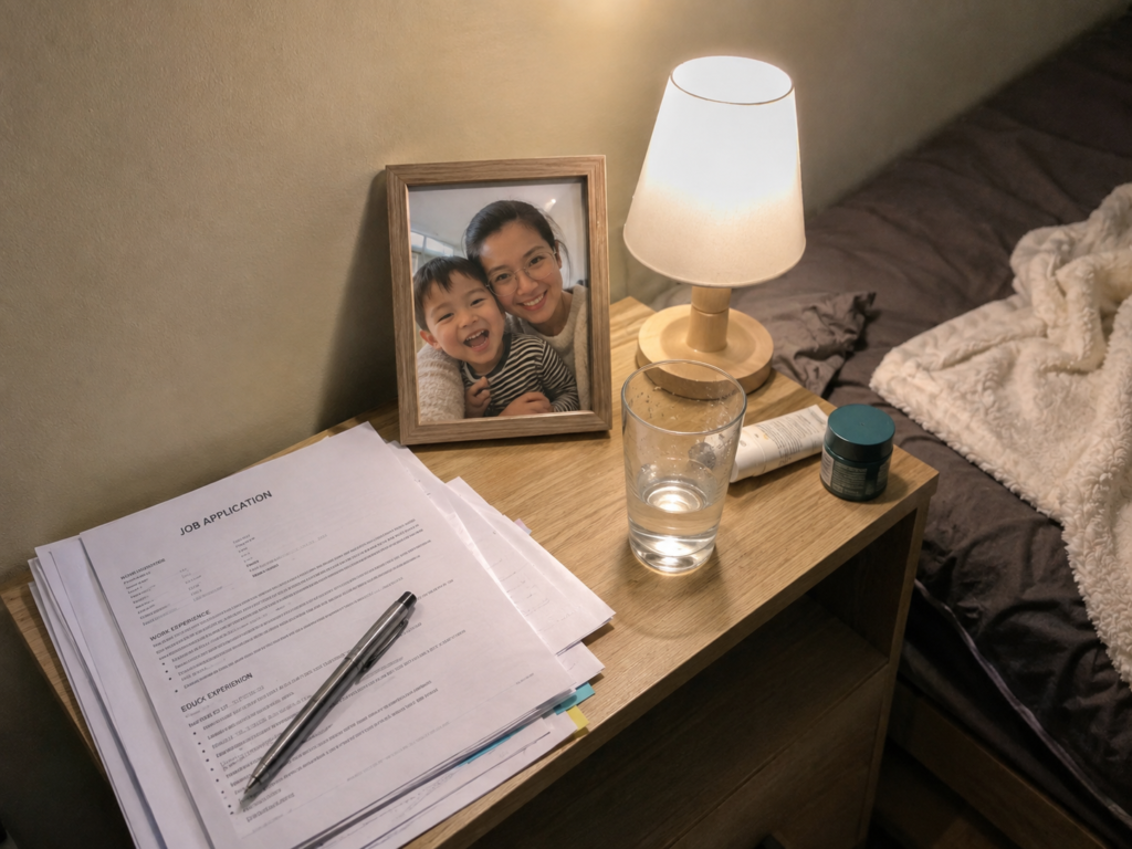 Framed child photo on a bedside table in a rental apartment during single mother co-parenting transition