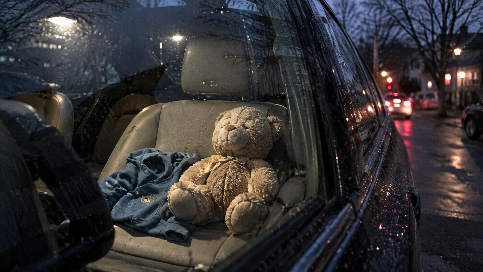 A child's teddy bear sitting on a car passenger seat representing single mother co-parenting after divorce