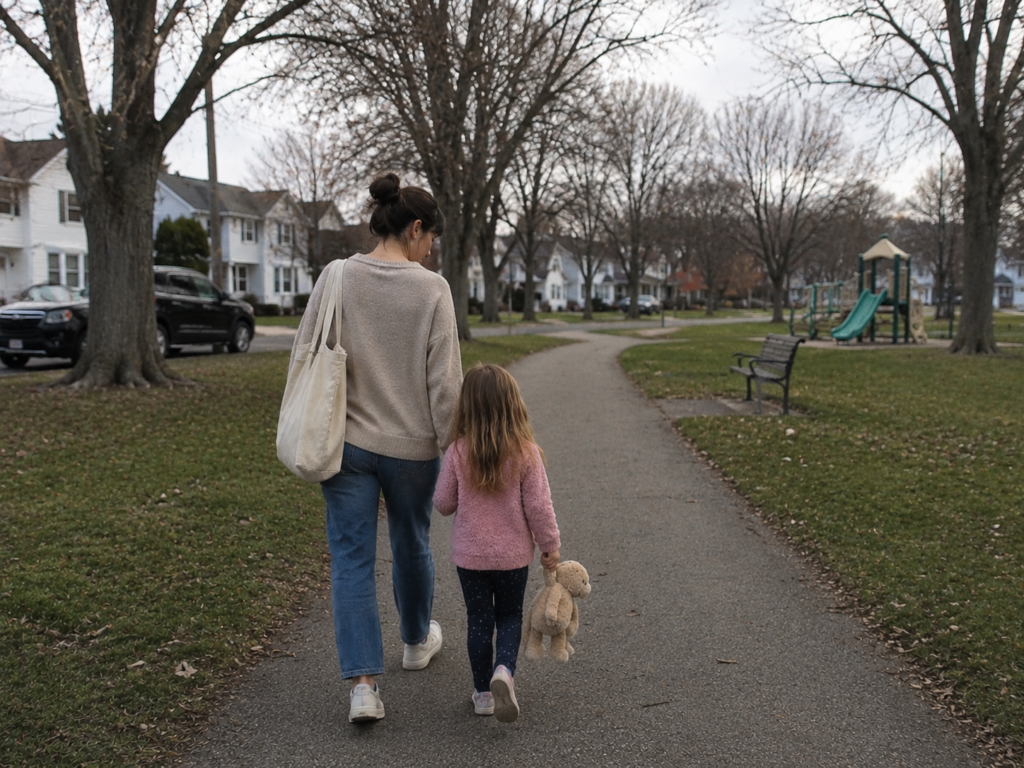 A mother and daughter walking through a neighborhood park while setting boundaries with toxic parents.