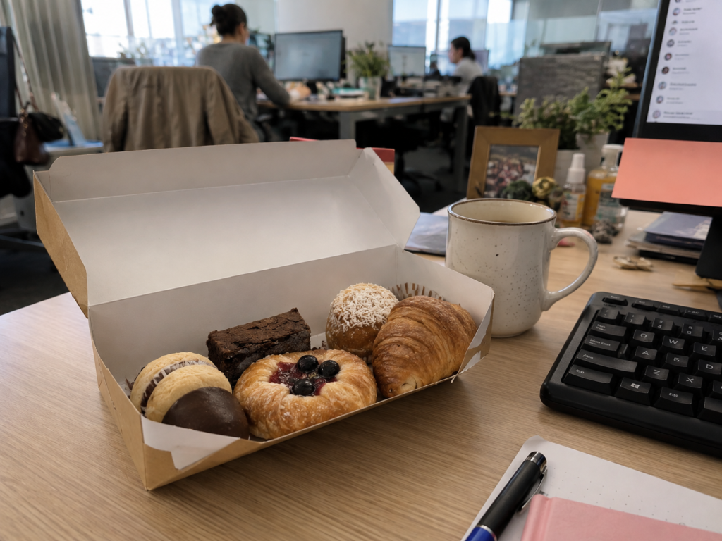 Small gesture of love from a thoughtful husband with pastries on his wife's desk
