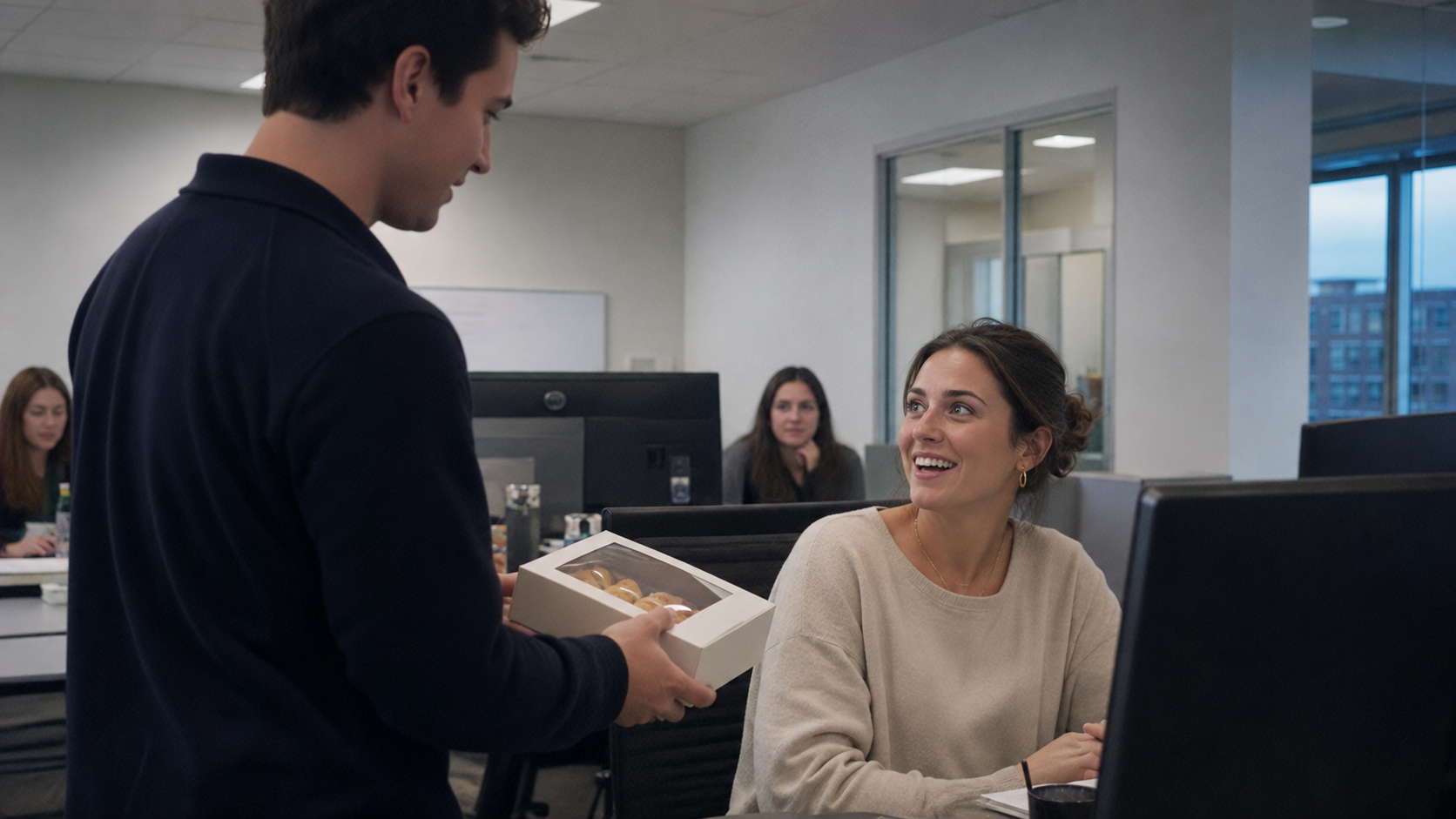 Thoughtful husband surprises his wife with pastries at work