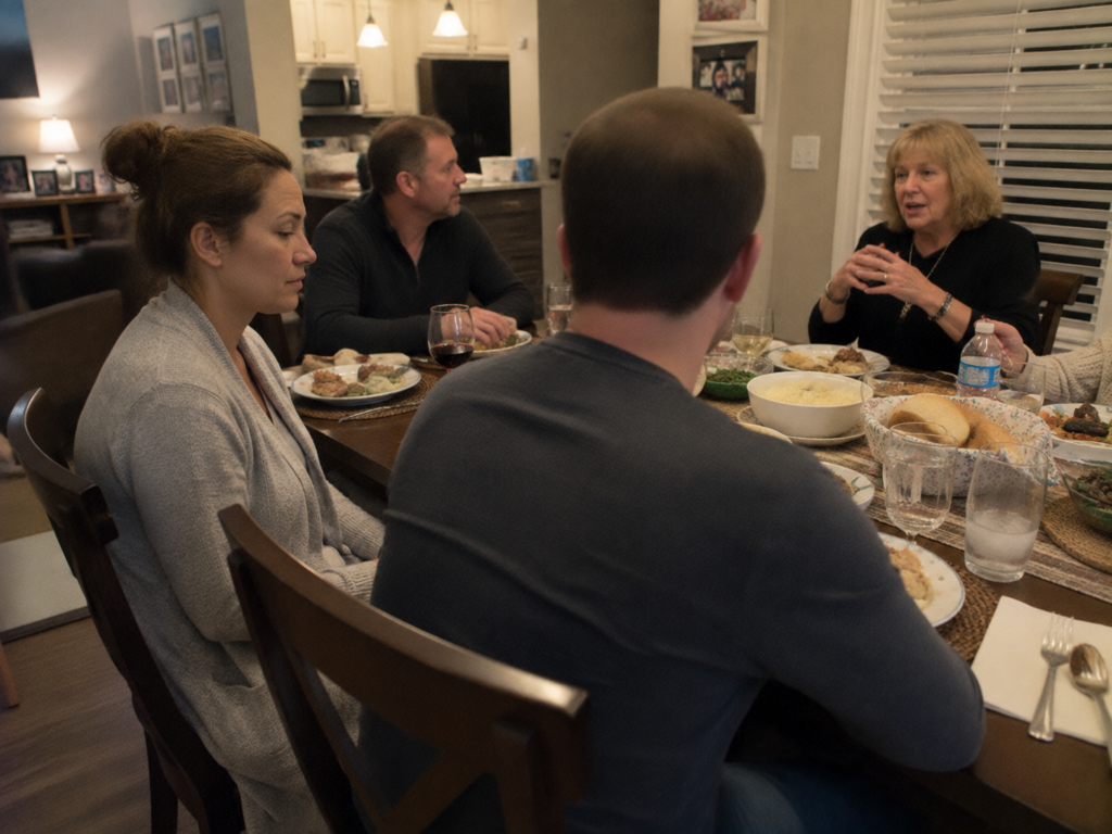 A family dinner showing the tension of dealing with in-laws and complicated family dynamics.