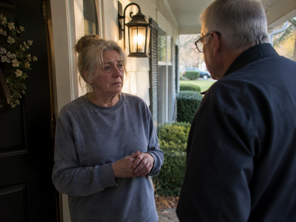 Grandfather scammed out of life savings - an elderly woman standing at the front door asking for forgiveness
