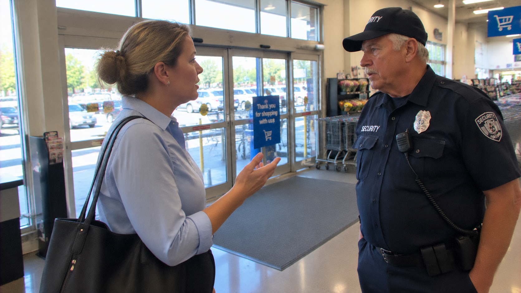 Grandfather scammed out of life savings - an elderly security guard talking to a blonde woman near supermarket glass doors