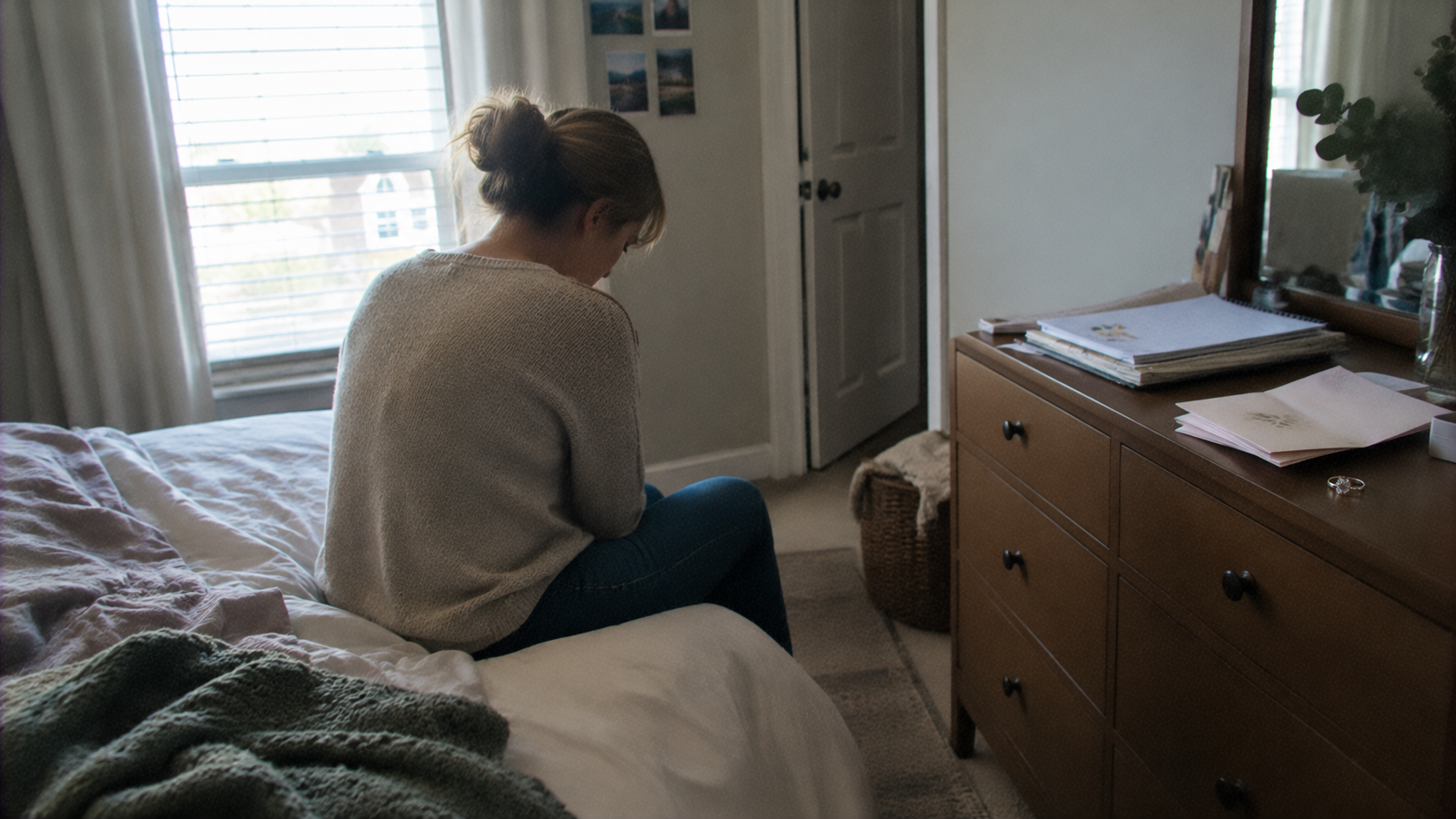 Woman sitting alone beside wedding invitations after calling off her wedding