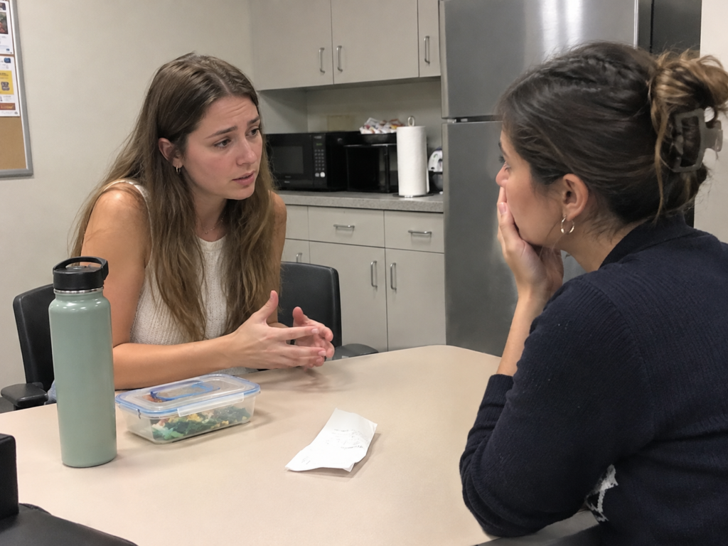 Two junior employees discussing unpaid expenses in an office breakroom
